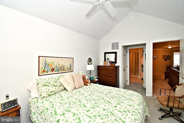 1015 Greenes Way Cir, Collegeville, PA 19426 - carpeted bedroom featuring high vaulted ceiling, connected bathroom, and ceiling fan