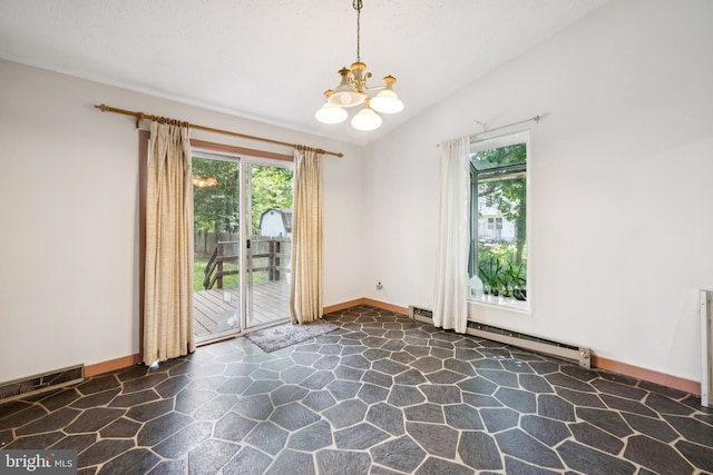 515 N Walnut Ave, Magnolia, NJ 08049 - spare room featuring stone flooring, a baseboard radiator, a chandelier, and lofted ceiling