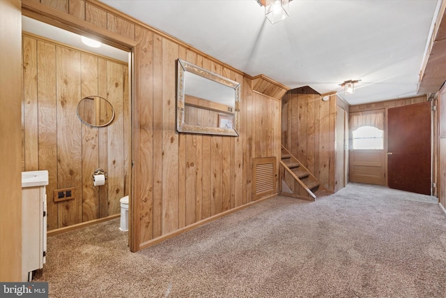 301 W Marshall St, West Chester, PA 19380 - interior space featuring carpet flooring, stairs, and wood walls