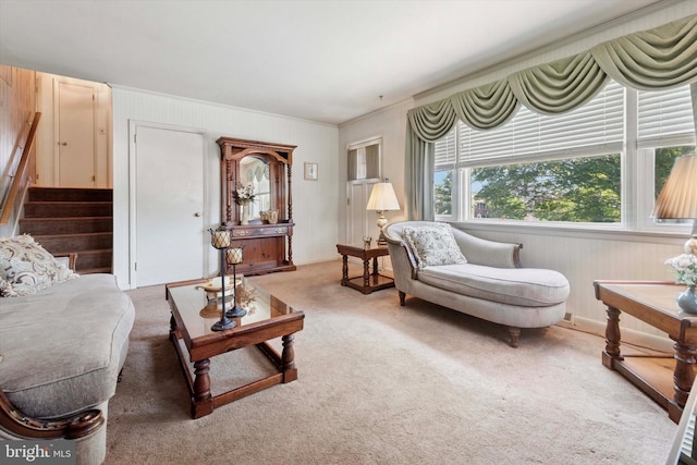 301 W Marshall St, West Chester, PA 19380 - carpeted living area with stairs and ornamental molding