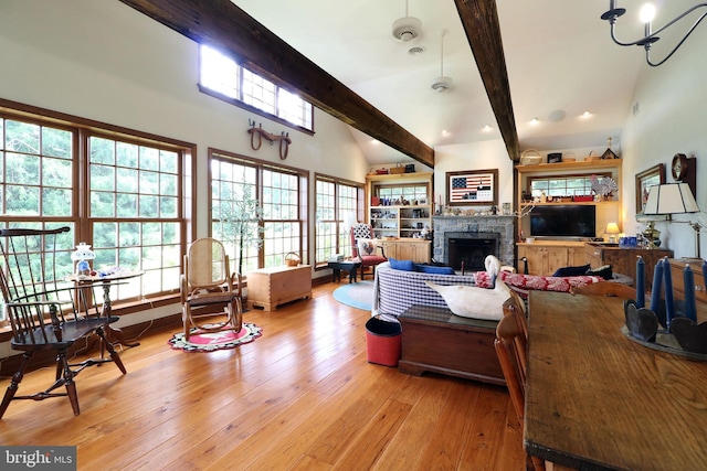 320 Hartswick Ave, State College, PA 16803 - living area featuring beam ceiling, a fireplace, high vaulted ceiling, and light wood finished floors
