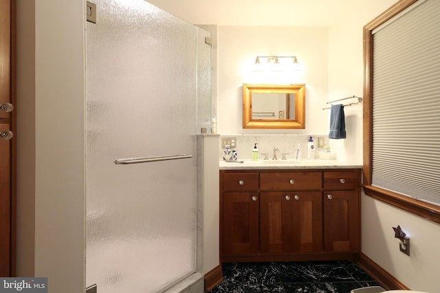 320 Hartswick Ave, State College, PA 16803 - full bath with marble look tiles, vanity, and a shower stall