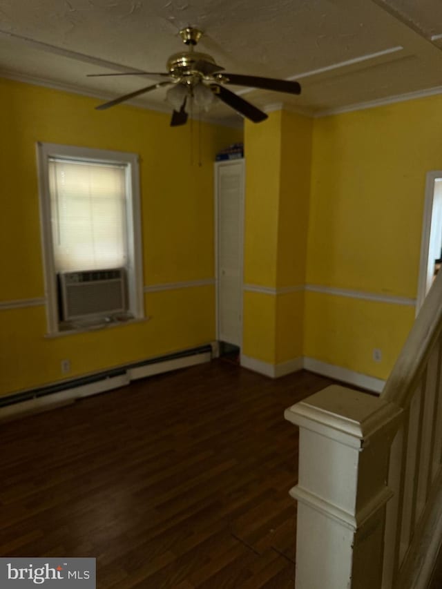 221 Buchanan Ave, Hamilton, NJ 08610 - empty room with a ceiling fan, a baseboard radiator, wood finished floors, cooling unit, and crown molding