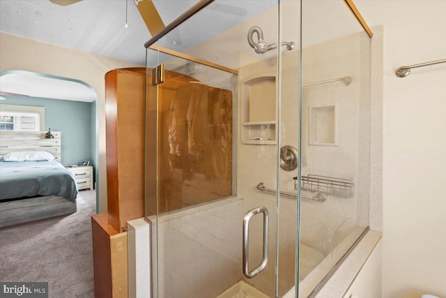 708 Maryland Ave, York, PA 17404 - bathroom featuring ensuite bath, a ceiling fan, and a stall shower