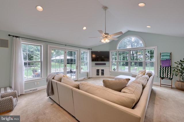 1228 Hunsicker Rd, Lancaster, PA 17601 - living area with lofted ceiling, light colored carpet, a ceiling fan, and recessed lighting