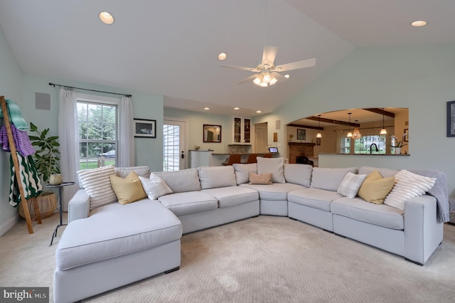 1228 Hunsicker Rd, Lancaster, PA 17601 - carpeted living area featuring vaulted ceiling, ceiling fan, and recessed lighting