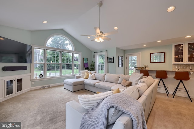 1228 Hunsicker Rd, Lancaster, PA 17601 - living room with light carpet, vaulted ceiling, a ceiling fan, and recessed lighting
