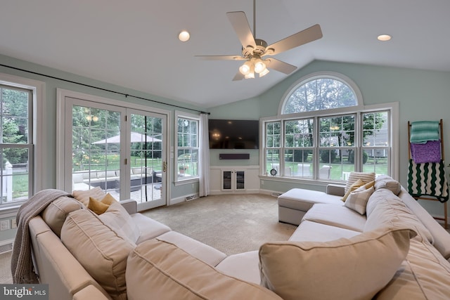 1228 Hunsicker Rd, Lancaster, PA 17601 - living room featuring carpet, lofted ceiling, a ceiling fan, and recessed lighting
