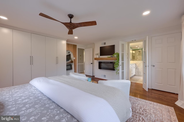1228 Hunsicker Rd, Lancaster, PA 17601 - bedroom featuring dark wood-style flooring, recessed lighting, a closet, ensuite bathroom, and ceiling fan