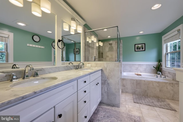 1228 Hunsicker Rd, Lancaster, PA 17601 - full bathroom with a bath, double vanity, tile patterned floors, tiled shower, and recessed lighting