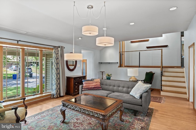 606 Hilltop Rd, Cinnaminson, NJ 08077 - living room featuring wood finished floors, stairway, and recessed lighting