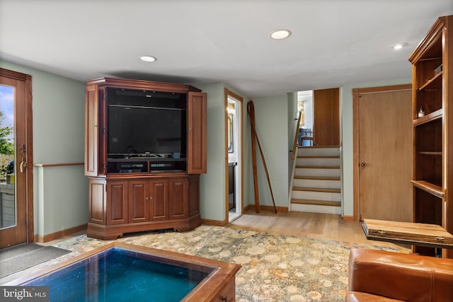 606 Hilltop Rd, Cinnaminson, NJ 08077 - living room featuring light wood-style floors, stairway, and recessed lighting