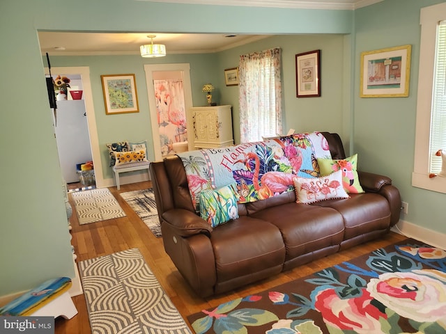 60 Branson Cove Rd, Hague, VA 22469 - living room featuring crown molding and wood finished floors