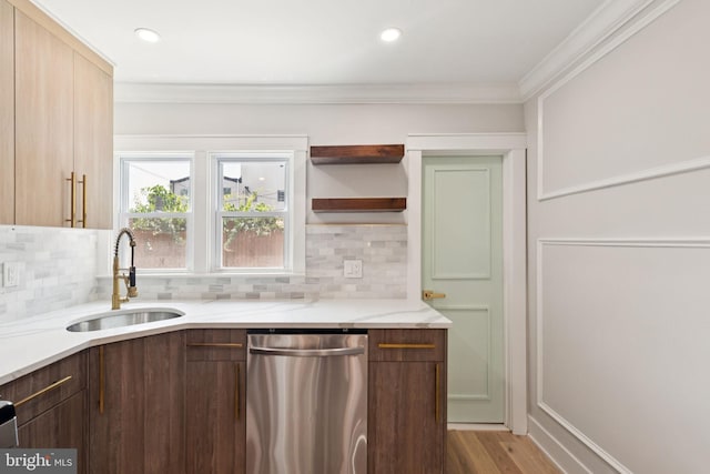 2106 E Somerset St, Philadelphia, PA 19134 - kitchen with dishwasher, light stone countertops, open shelves, backsplash, and wood finished floors