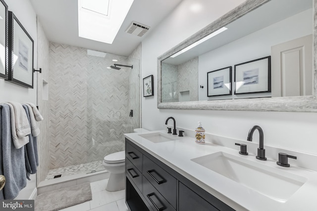 10513 Democracy Ln, Potomac, MD 20854 - full bath with a skylight, double vanity, tiled shower, and tile patterned floors