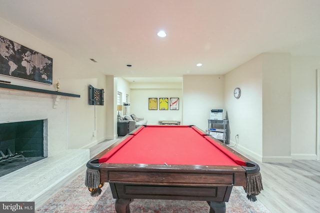 10513 Democracy Ln, Potomac, MD 20854 - rec room featuring wood finished floors, a fireplace, recessed lighting, and billiards