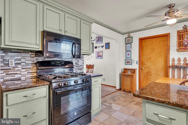 414 Riverview Rd, Forked River, NJ 08731 - kitchen featuring black appliances, green cabinets, decorative backsplash, a ceiling fan, and dark stone counters