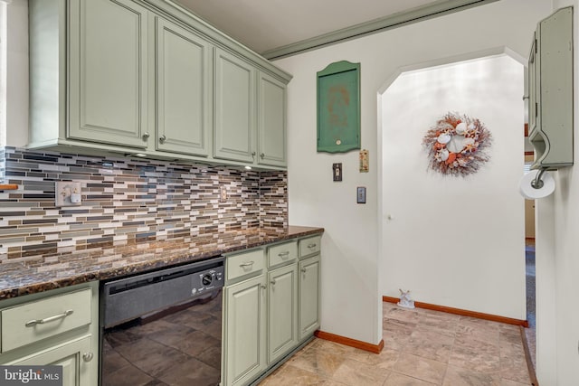 414 Riverview Rd, Forked River, NJ 08731 - kitchen featuring black dishwasher, green cabinetry, backsplash, and dark stone countertops