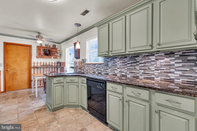 414 Riverview Rd, Forked River, NJ 08731 - kitchen with green cabinets, dishwasher, decorative backsplash, a peninsula, and ceiling fan