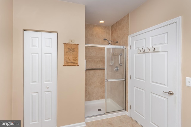 637 Wallingford Rd Unit 202, Bel Air, MD 21014 - bathroom with a stall shower, tile patterned flooring, a closet, and recessed lighting
