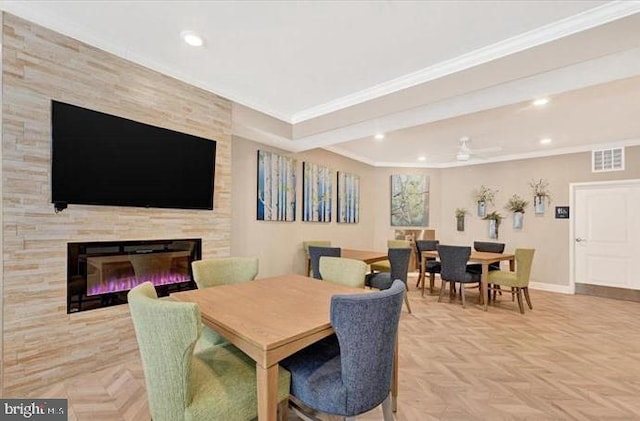 637 Wallingford Rd Unit 202, Bel Air, MD 21014 - dining space with recessed lighting, ornamental molding, a fireplace, and a ceiling fan