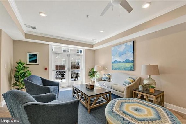 637 Wallingford Rd Unit 202, Bel Air, MD 21014 - living area featuring ornamental molding, french doors, a ceiling fan, recessed lighting, and a tray ceiling