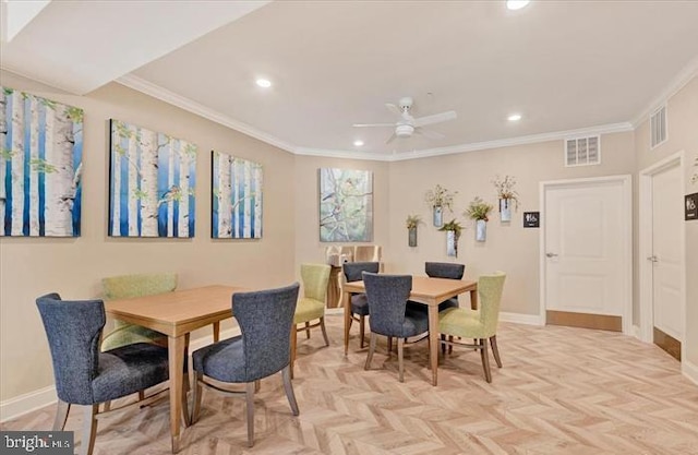637 Wallingford Rd Unit 202, Bel Air, MD 21014 - dining space featuring recessed lighting, ornamental molding, and a ceiling fan