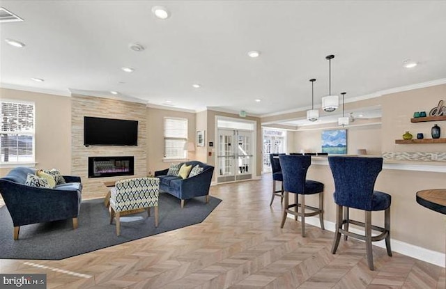 637 Wallingford Rd Unit 202, Bel Air, MD 21014 - living area featuring crown molding, a fireplace, and recessed lighting
