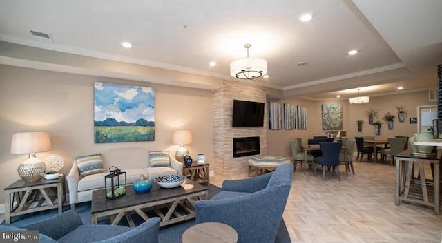 637 Wallingford Rd Unit 202, Bel Air, MD 21014 - living room with recessed lighting, a large fireplace, and ornamental molding