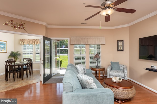 637 Wallingford Rd Unit 202, Bel Air, MD 21014 - living room with ornamental molding, wood finished floors, and a ceiling fan