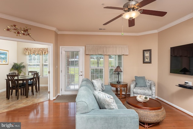 637 Wallingford Rd Unit 202, Bel Air, MD 21014 - living room featuring crown molding, wood finished floors, and a ceiling fan