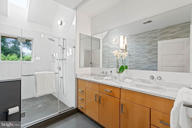 2714 Quebec St NW, Washington, DC 20008 - bathroom featuring double vanity, a shower stall, tile patterned floors, and a chandelier