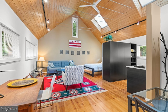 2714 Quebec St NW, Washington, DC 20008 - living room with a skylight, wood-type flooring, wooden ceiling, high vaulted ceiling, and a ceiling fan