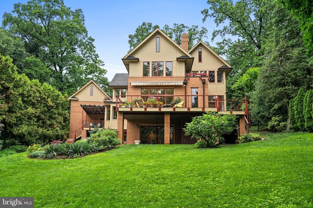 2714 Quebec St NW, Washington, DC 20008 - back of property with a wooden deck, a lawn, a chimney, and brick siding
