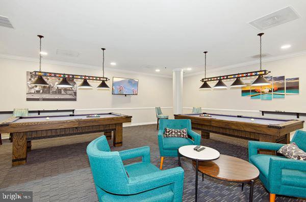 19385 Cypress Ridge Ter Unit 503, Leesburg, VA 20176 - recreation room featuring billiards, ornamental molding, carpet flooring, recessed lighting, and ornate columns