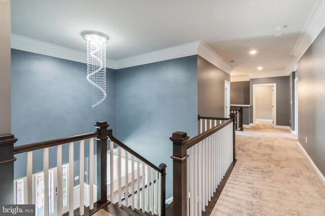 8266 Saint Francis Dr, Severn, MD 21144 - corridor featuring an upstairs landing, ornamental molding, a chandelier, recessed lighting, and carpet flooring