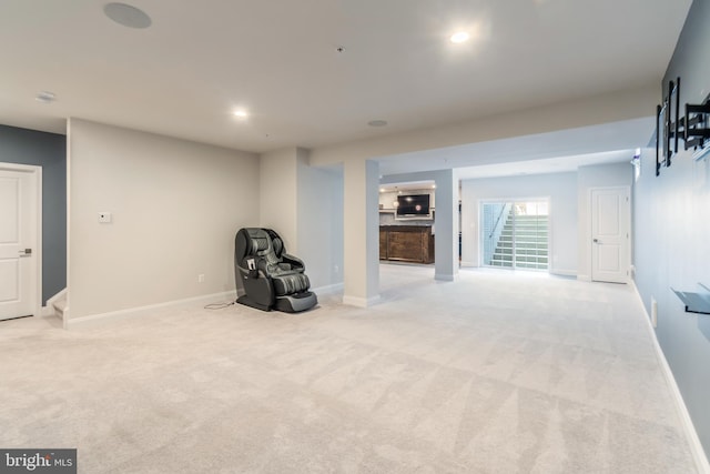 8266 Saint Francis Dr, Severn, MD 21144 - unfurnished room with light colored carpet, stairway, and recessed lighting
