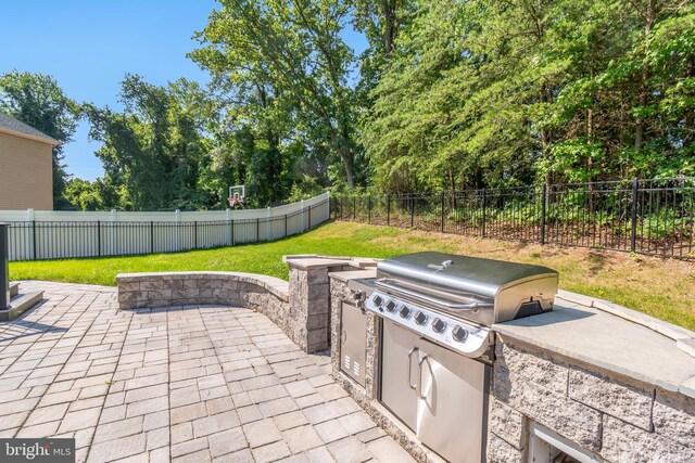 8266 Saint Francis Dr, Severn, MD 21144 - fenced backyard with a patio area and an outdoor kitchen