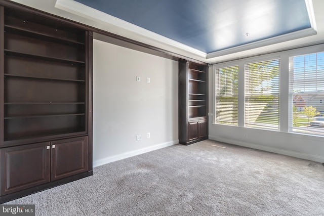 8266 Saint Francis Dr, Severn, MD 21144 - carpeted spare room featuring ornamental molding, a tray ceiling, and built in features