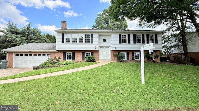 4714 38th Pl N, Arlington, VA 22207 - bi-level home with brick siding, a chimney, an attached garage, and a front yard