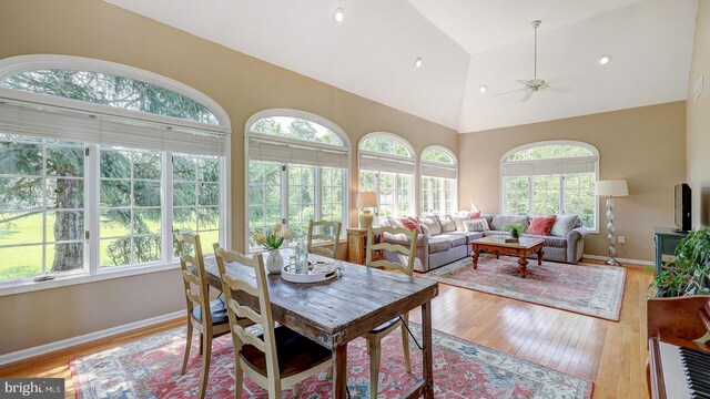24 Montfort Dr, Belle Mead, NJ 08502 - dining room featuring light wood-style flooring, a ceiling fan, high vaulted ceiling, and recessed lighting