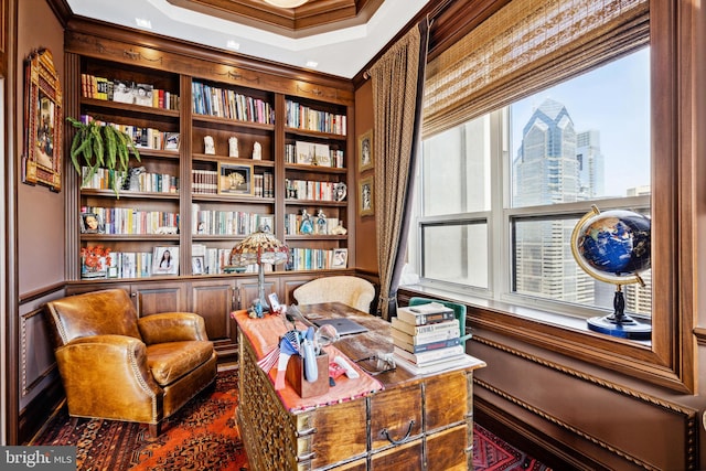 1425 Locust St Unit 33A, Philadelphia, PA 19102 - sitting room with crown molding, a city view, and built in shelves