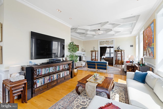 1425 Locust St Unit 33A, Philadelphia, PA 19102 - living area with wood finished floors, coffered ceiling, beam ceiling, ornamental molding, and a fireplace