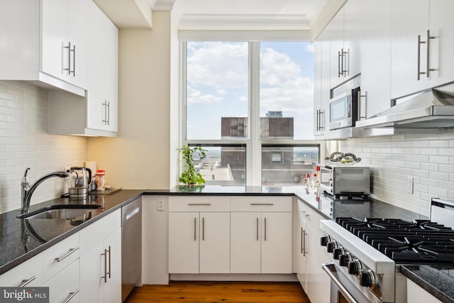 1425 Locust St Unit 33A, Philadelphia, PA 19102 - kitchen featuring appliances with stainless steel finishes, ornamental molding, exhaust hood, decorative backsplash, and dark stone countertops