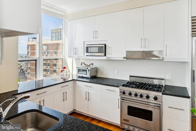 1425 Locust St Unit 33A, Philadelphia, PA 19102 - kitchen featuring stainless steel appliances, under cabinet range hood, dark stone countertops, and crown molding