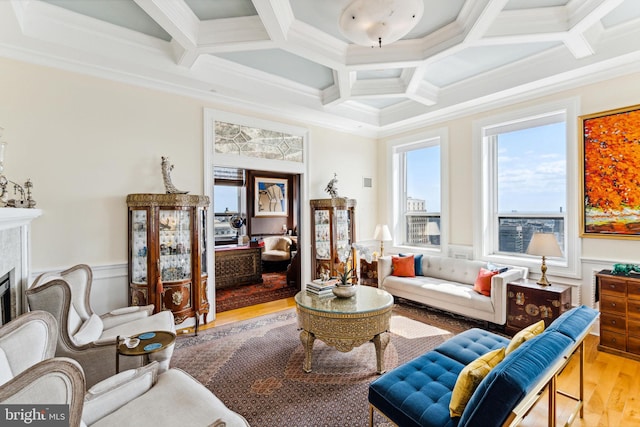 1425 Locust St Unit 33A, Philadelphia, PA 19102 - living area with wood finished floors, coffered ceiling, crown molding, a wainscoted wall, and beam ceiling