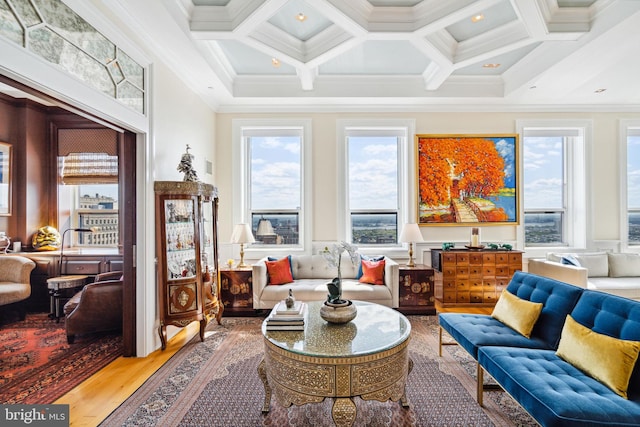 1425 Locust St Unit 33A, Philadelphia, PA 19102 - living area with wood finished floors, coffered ceiling, ornamental molding, beam ceiling, and a wainscoted wall