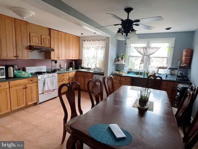 6736 Leonard St, Philadelphia, PA 19149 - kitchen featuring gas range gas stove, under cabinet range hood, ceiling fan, dark countertops, and light tile patterned flooring