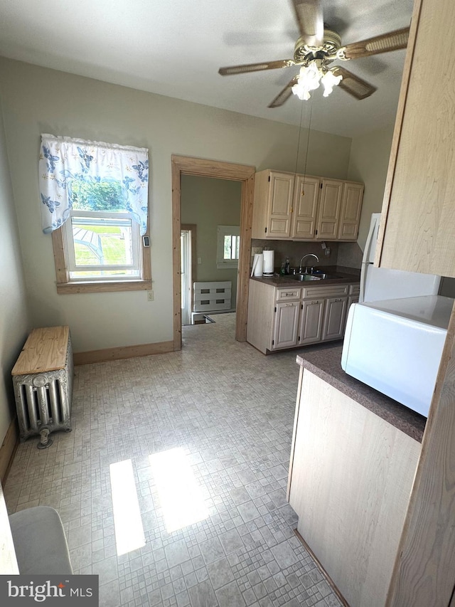 505 W 5th St, Lewistown, PA 17044 - kitchen with ceiling fan, plenty of natural light, dark countertops, and freestanding refrigerator
