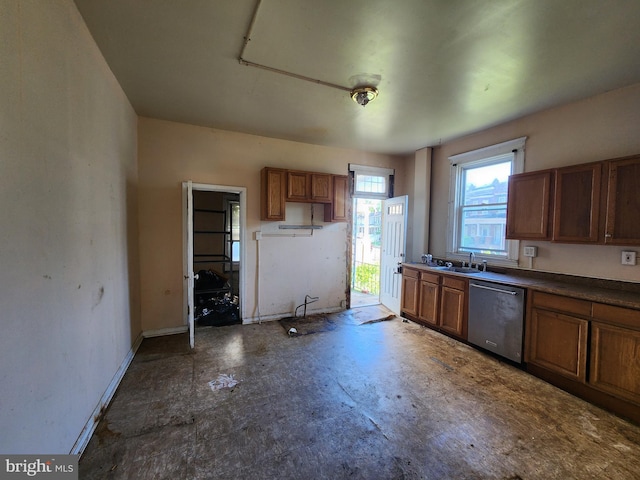 1226 Bloomingdale Rd, Baltimore, MD 21216 - kitchen featuring stainless steel dishwasher, brown cabinets, and dark countertops